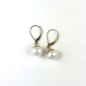 14k Yellow Gold 8.5mm White Pearl Diamond Drop Earrings Lever Back